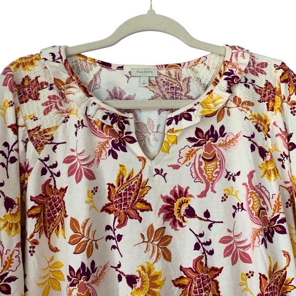 Talbots cotton cream split crewneck with long sleeve with Fall print. EUC Size L - Picture 4 of 9